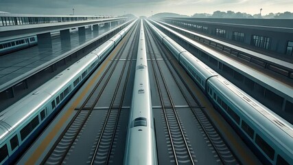 Multiple high-speed bullet trains aligned on parallel tracks in modern railway station with symmetrical layout and overcast lighting

 - Powered by Adobe