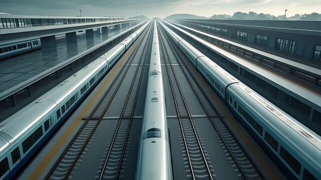 Multiple high-speed bullet trains aligned on parallel tracks in modern railway station with symmetrical layout and overcast lighting

