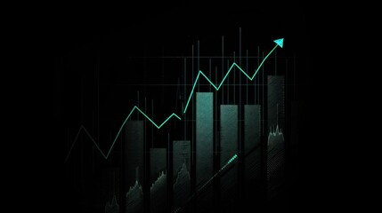 A teal-colored stock market graph shows an upward trend against a dark background