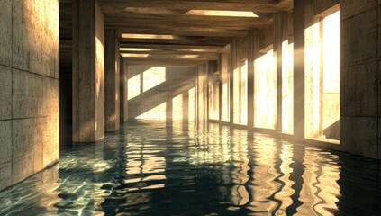 Sunlit, flooded concrete tunnel