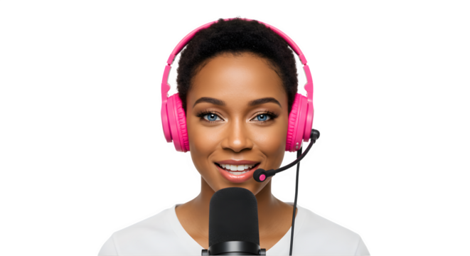 female Podcaster with Microphone and Headphones Isolated on white background, Portrait of Female Audio Host in Studio Setup, female podcaster isolated on white background