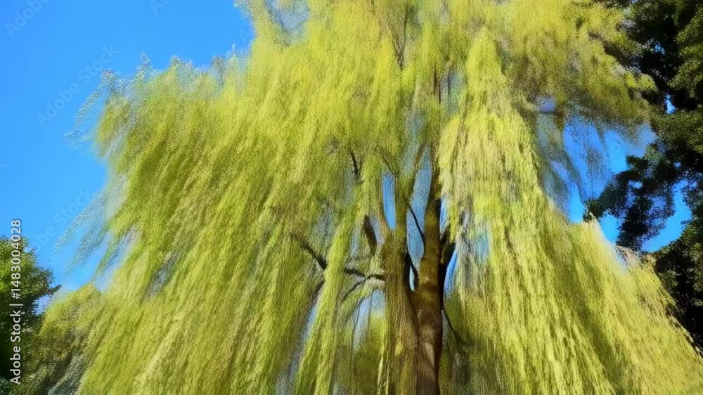 Poster majestic weeping willow tree with long green cascading branches and textured trunk in a tranquil out