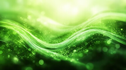 Glowing green abstract background with curved lines and light particles
