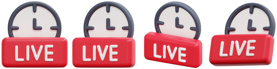 Set of 3D Red Live Stream Icons with Clock 3d Render Icon Illustration