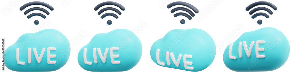 Poster set of 3d rendered blue clouds with wifi symbol and live text 3d render icon illustration