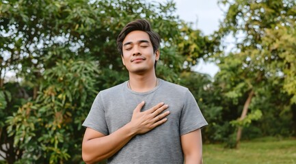 Mindful Asian Man Practicing Deep Breathing in Sunlit Park – Mental Wellness, Outdoor Meditation & Stress Relief (Joyful Expression, Relaxation Technique, Sunny Day)