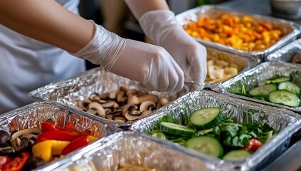 Person preparing meal kit with various fresh vegetables and pasta