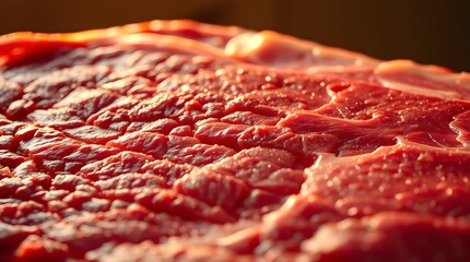 Raw Beef Meat Close-Up on Wooden Surface – Fresh Red Steak Texture, Uncooked Meat Cut for Cooking, Culinary Ingredient for BBQ, Grill, or Gourmet Recipes