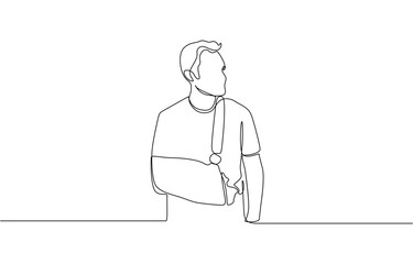One line drawing of man with broken arm wearing arm splint, Continuous one line drawing of man with broken arm wearing arm splint lying on a bed in the hospital.
