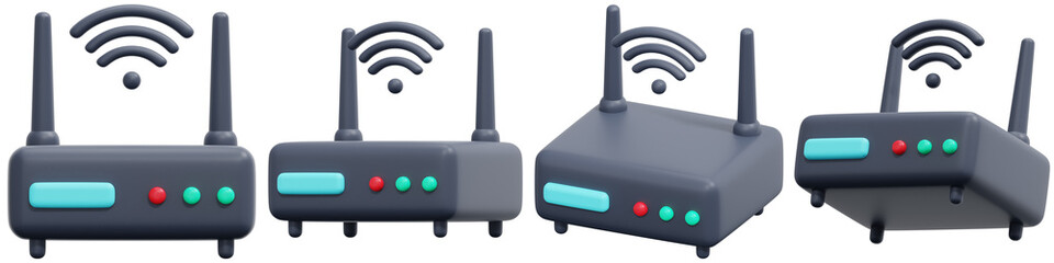 Set of Gray Wifi Router with Teal Lights and Wifi Icon 3d Render Icon Illustration