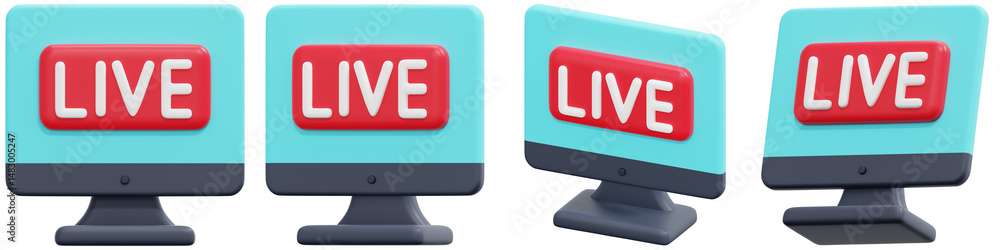Poster set of monitors displaying live broadcast 3d render icon illustration