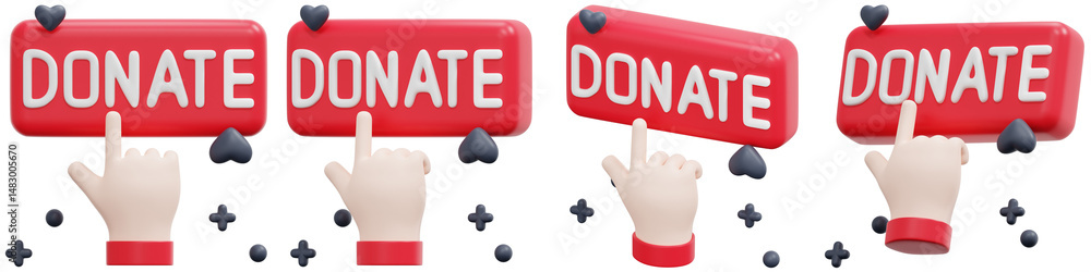 Poster set of red donate button with hand cursor 3d render icon illustration