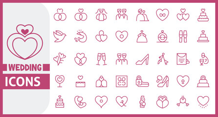 Fototapeta premium Elegant Line Icon Set in Linear Style Featuring Wedding Themed Symbols Including Bride, Groom, Lovers, Wedding Rings, Cake, and Car in Conceptual Outline Design