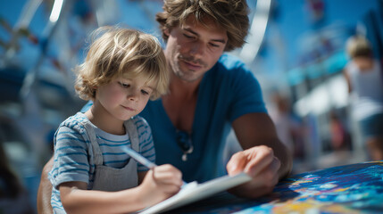 Obraz premium A child drawing an amusement park while man watches with pride