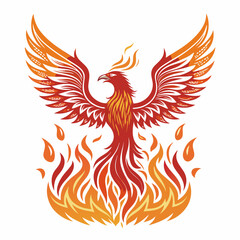 Create a vector illustration of a bold-stroke phoenix rising from ashes, wings outstretched, fiery plumage detailed.
