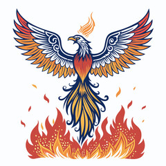 Obraz premium Create a bold, vector illustration of a phoenix rising from ashes, emphasizing vibrant colors and strong lines. Include detailed feather texture.
