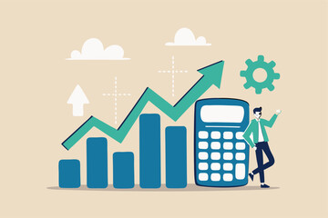 Calculate revenue growth, growing income or investment earning, tax, accounting or profit calculation, financial evaluation concept, businessman with calculator and growth chart diagram growing arrow.