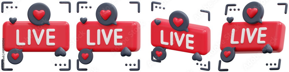 Poster set of red live stream button with hearts icons 3d render icon illustration