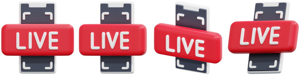 Set of Red Live Streaming Button on Mobile Phone Screens 3d Render Icon Illustration