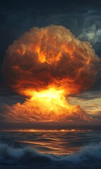 An intense inferno cloud glows above a dark ocean, showcasing the apocalyptic sky