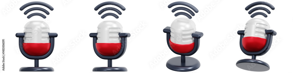 Poster set of rotating 3d render of wireless microphone with red and white design 3d render icon illustrati