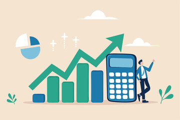 Calculate revenue growth, growing income or investment earning, tax, accounting or profit calculation, financial evaluation concept, businessman with calculator and growth chart diagram growing arrow.