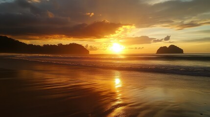 Fototapeta premium A tranquil seascape at sunset, featuring gentle waves reflecting golden and orange hues.