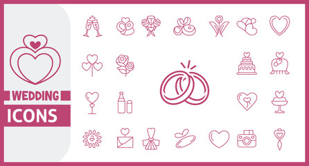 Elegant Line Icon Set in Linear Style Featuring Wedding Themed Symbols Including Bride, Groom, Lovers, Wedding Rings, Cake, and Car in Conceptual Outline Design