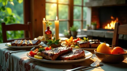 Naklejka premium Warm Evening Meal with Grilled Meats and Roasted Vegetables Served by a Cozy Fireplace