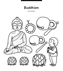 This illustration is about Buddhism. It is a wooden table, a bead, and a lotus used in Buddhas, monks, and temples.	
