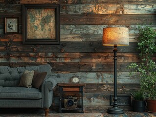 Rustic room couch, lamp, wood wall, framed art, side table