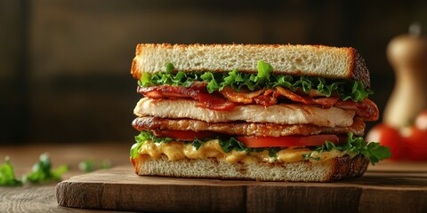 Deliciously stacked sandwich with layers of bacon, chicken, lettuce, tomato, and creamy sauce against a rustic background