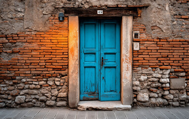 Rustic blue door nestled in textured facade