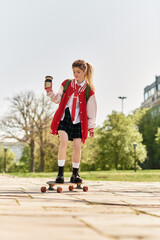 Stylish college girl enjoying a sunny day while skating on campus