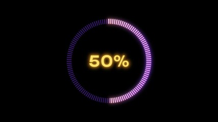 Infographics percentages up to 100, neon Infographics percentages 100%, loading cycle glow, Loading percent 0% to 100%, Colour circular infographics, loading cycle, 100 percent, smooth loading percent