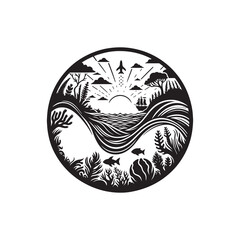 World Oceans Day Silhouette Vector Illustration, Solid White Background.