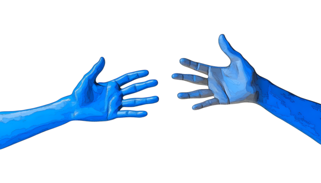 international volunteers day, blue hand reaching blue hand on white background, hands reaching up to help each other