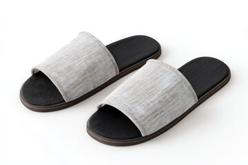 Pair of cozy gray and black slide slippers. Perfect for relaxing at home!