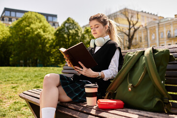 College girl enjoys reading under warm sunlight while seated on a park bench