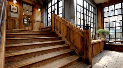 Rustic staircase ascends beside grand windows
