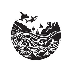 World Oceans Day Silhouette Vector Illustration, Solid White Background.
