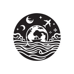 World Oceans Day Silhouette Vector Illustration, Solid White Background.