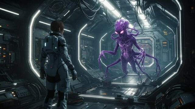 Futuristic spaceship encounter alien with astronaut in dark corridor