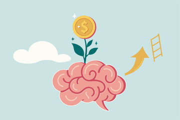 Money attitude, investing mindset or financial knowledge, wealth inspiration, investment brain, wisdom or inspiration, rich or profit growth concept, brain with grow seedling with money dollar coin.
