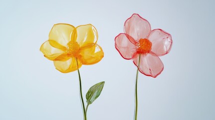 Obraz premium Colorful two spring flowers on white background. Wild flowers, spring grass seamless pattern 3d realistic. Minimal scene for model products, stage showcase, promotion display.