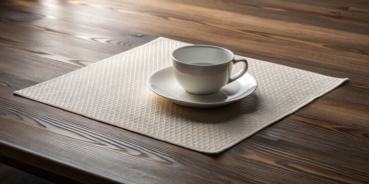 A single, empty porcelain teacup rests on a beige placemat atop a dark wood table, bathed in soft, natural light