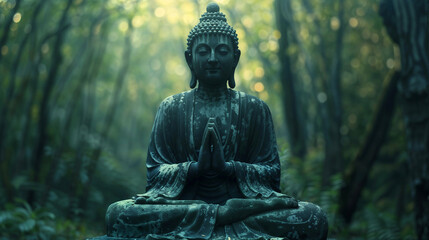 Weathered Buddha statue with prayer hands positioned in serene forest setting. Ancient green patina sculpture meditating amid blurred bamboo trees with soft bokeh lighting creating peaceful atmosphere