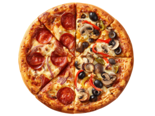 Delicious Half Pepperoni and Half Vegetable Pizza Slices Transparent PNG background. Generative AI