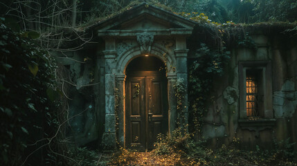 Fototapeta premium Ancient stone entrance with wooden doors partially covered by ivy, nestled in a forest. Mysterious arched doorway illuminated by warm light inside, with mossy roof and weathered facade
