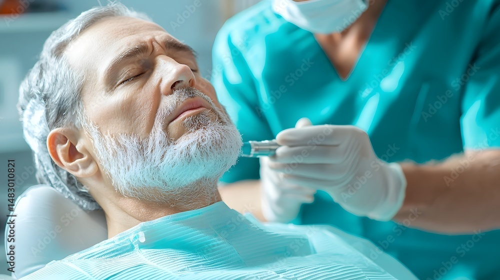 Aufkleber close up photograph of a patient s chin with a cooling device applied after a medical procedure to r